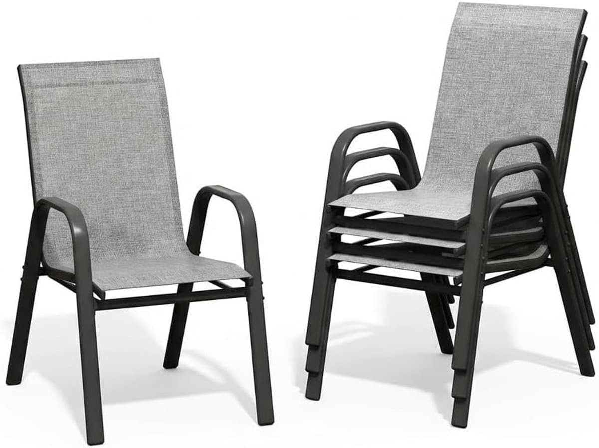 Tuinstoelen Set van 4 - Stapelbaar - Textileen & Metaal - Weerbestendig en Roestvrij - Luxe Buitenstoelen voor Tuin, Balkon & Terras - Grijs