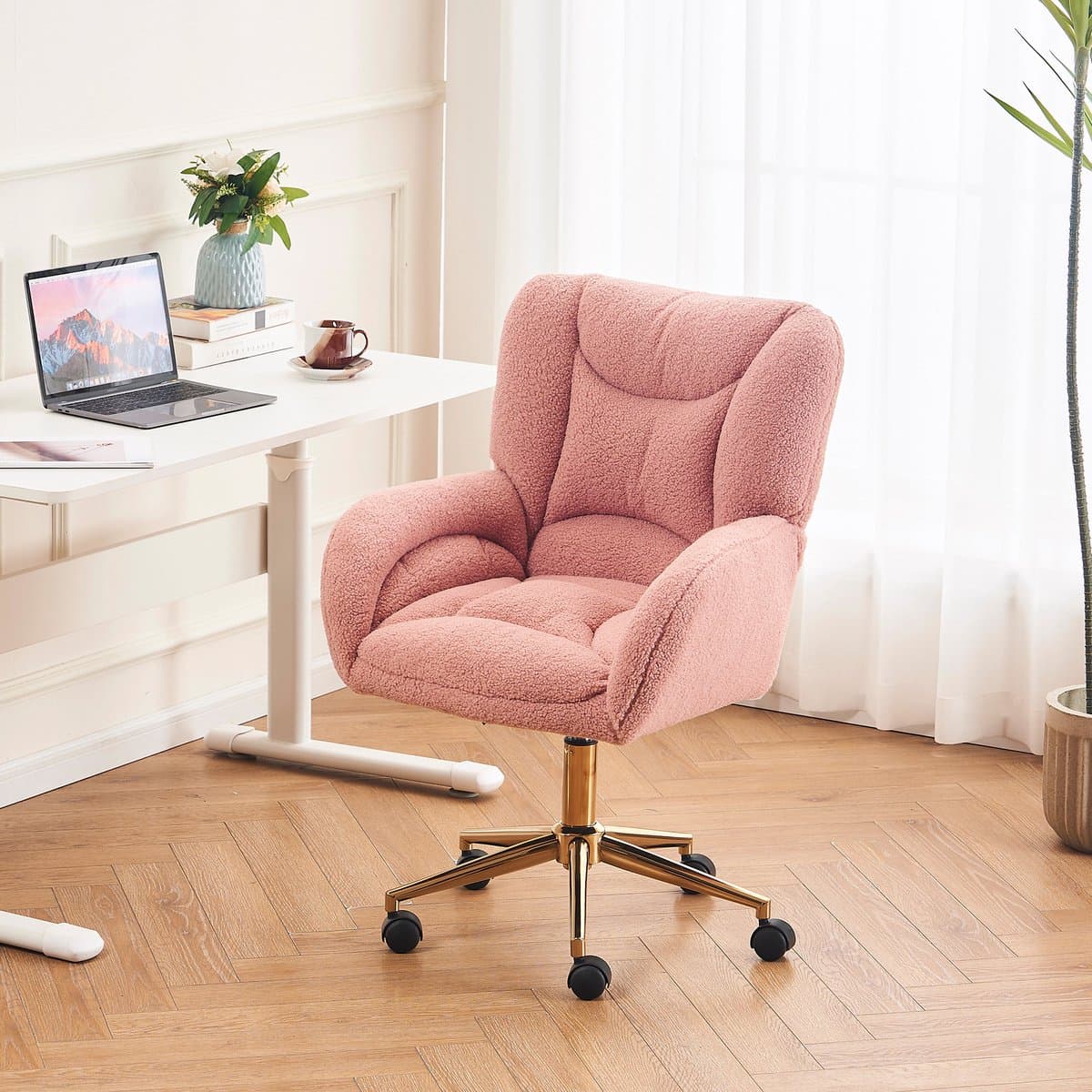 HAUSS SPOLE Bureaustoel - Teddy Chic - Draaistoel - Enkel - Hoogte Verstelbaar & 360° Wielen - Ergonomisch Bureaustoel - voor Thuiswerk en Kaptafel - Teddy Roze