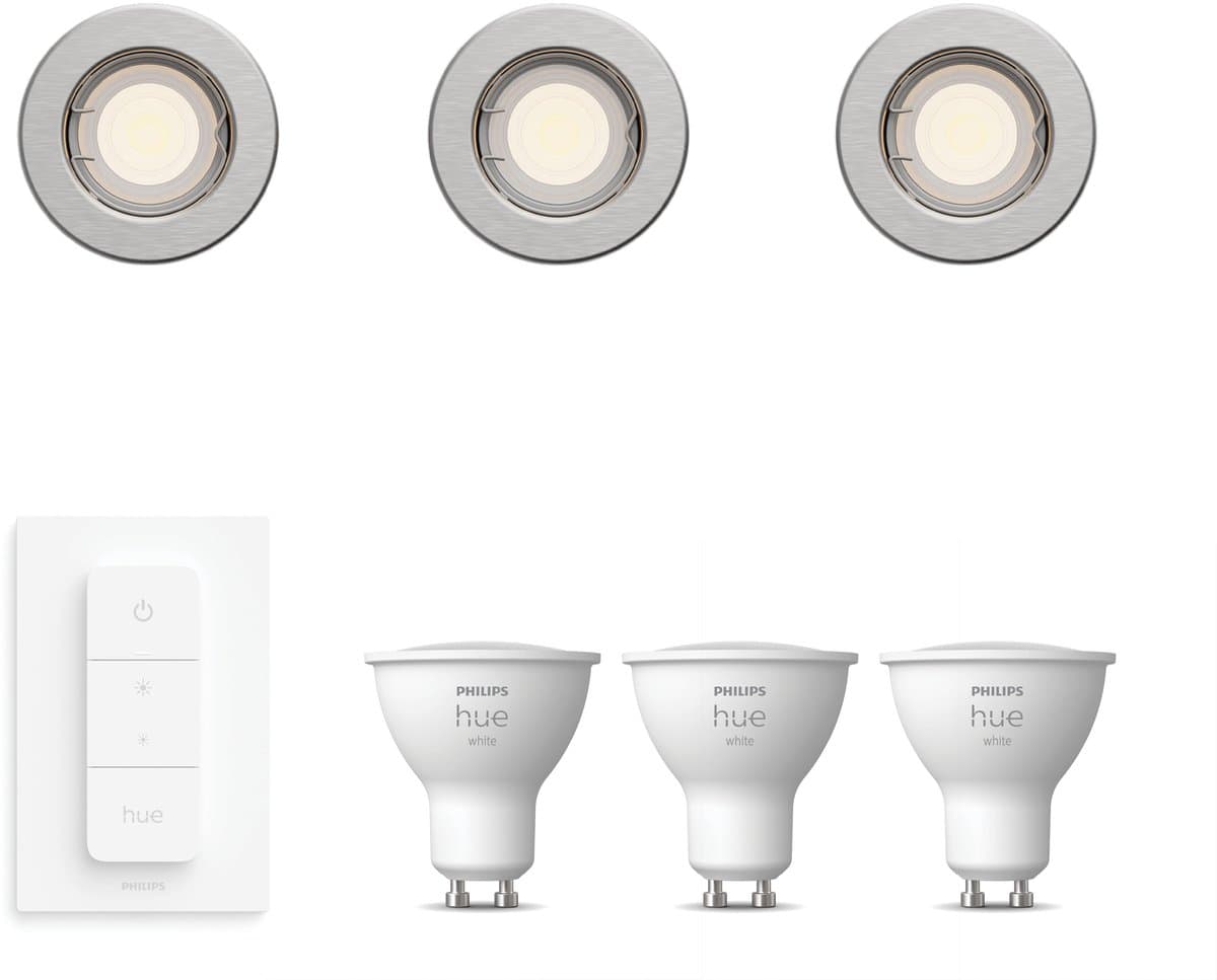 Philips Hue Peridot Set van 3 Inbouwspots (Nikkel) - Rond - Niet Richtbaar - GU10 - Warmwit Licht - Incl. Hue Dimmer Switch - Hue White
