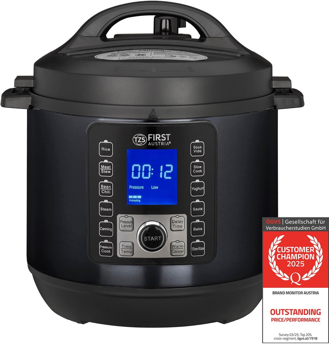 TZS First Austria Multicooker - 6L - 1000W - Snelkookpan - Rijstkoker - 12 Kookfuncties - RVS - Timer - Zwart