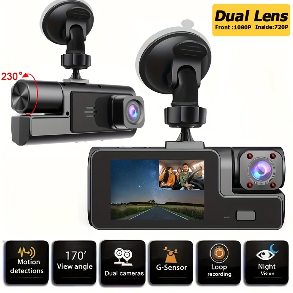 Dashcam voor in de auto met dubbele opnamefunctie voor en achter | Camera aan de voorzijde 1080P & ingebouwde camera 720P, 170° groothoek, nachtzicht, compacte dashcam, geschikt voor auto's, 24-uurs parkeerbewaking,