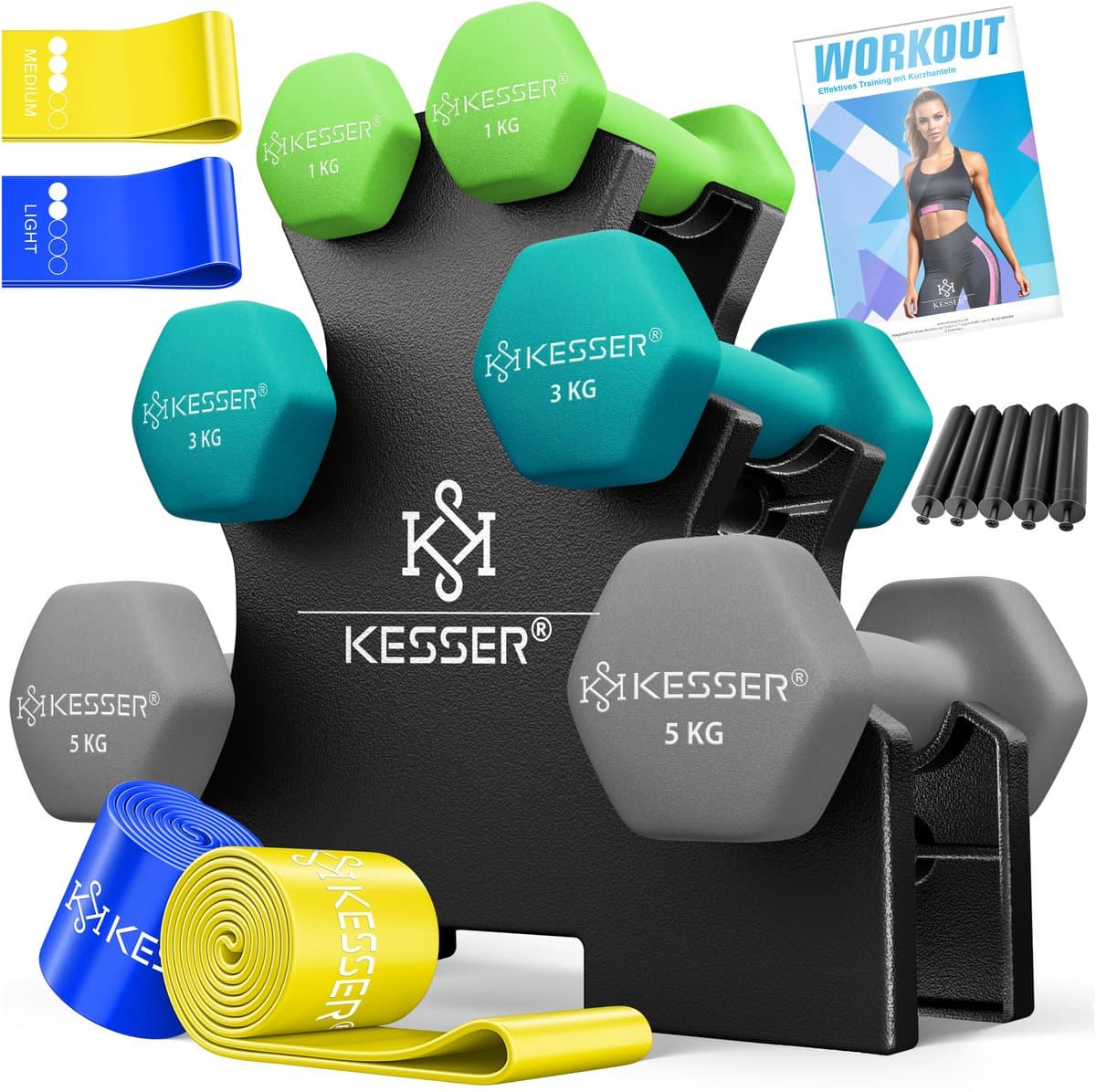 KESSER® Dumbells Set 3 Paren (2x 1, 2 & 5kg) = 18 kg totaal | 6x Dumbbells verstelbaar Geschikt voor Fitness Zumba & Aerobics | Halters Gewichten Set met Standaard | Halterset met oefeningenboekje, 2x fitnessbanden