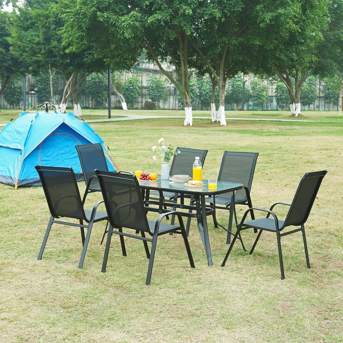 Tuinset Aradeo 7-delig tuintafel met tuinstoelen zwart