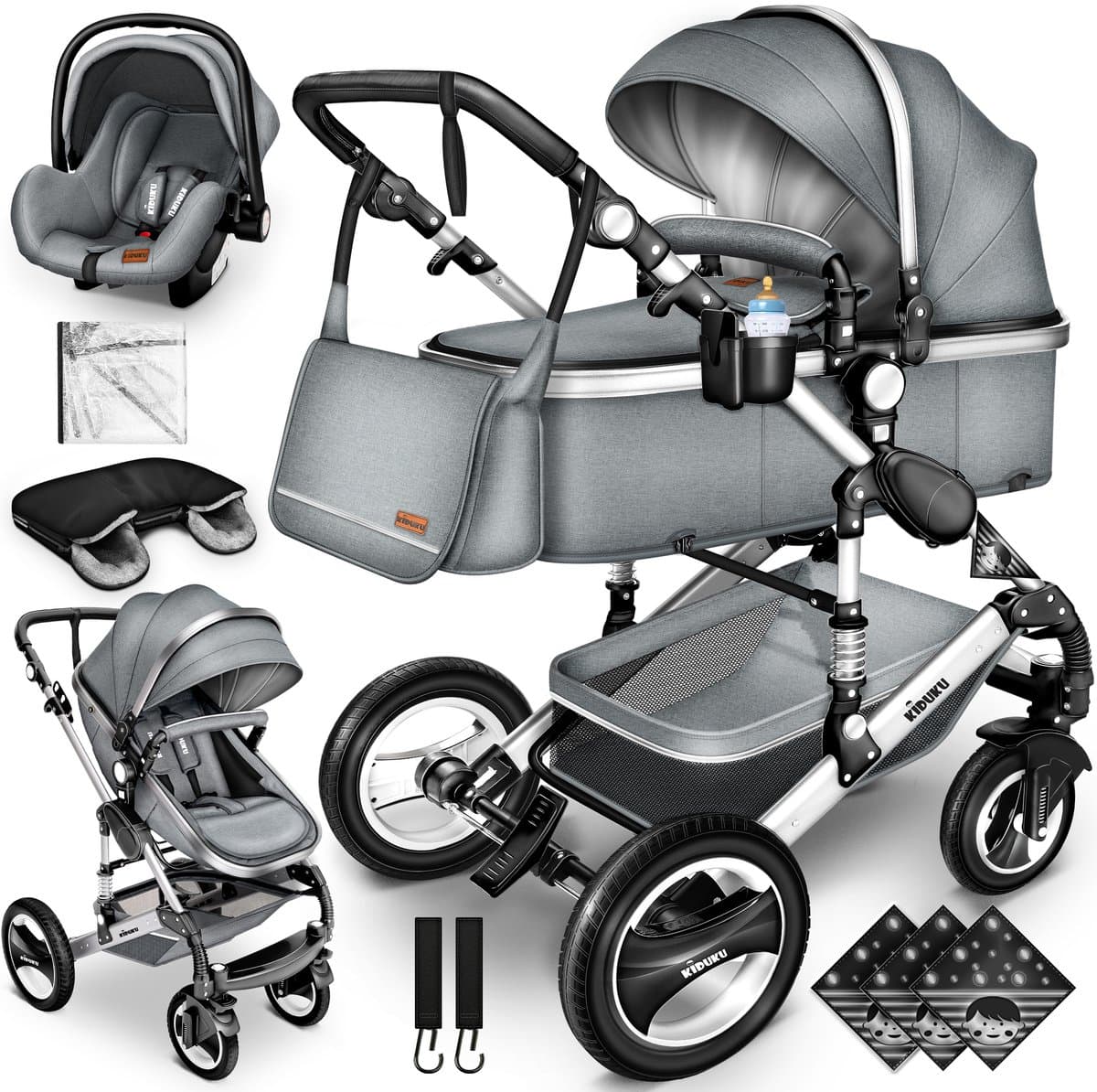 Buggy-Kinderwagen 3 in 1-kinderwagens Complete Set -One -Click Opvouwbare Kinderwagen-Kinderwagen Set voor Baby's Pasgeborenen XXL Set-(Grijs / Zilver).