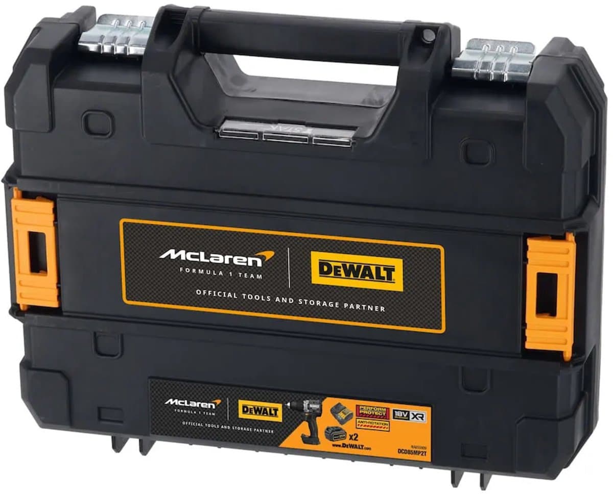 DeWALT DCD85MP2T 18 Volt accu-boormachine met klopfunctie, 2x 5,0 Ah XR accu, lader, McLaren koffer en styling