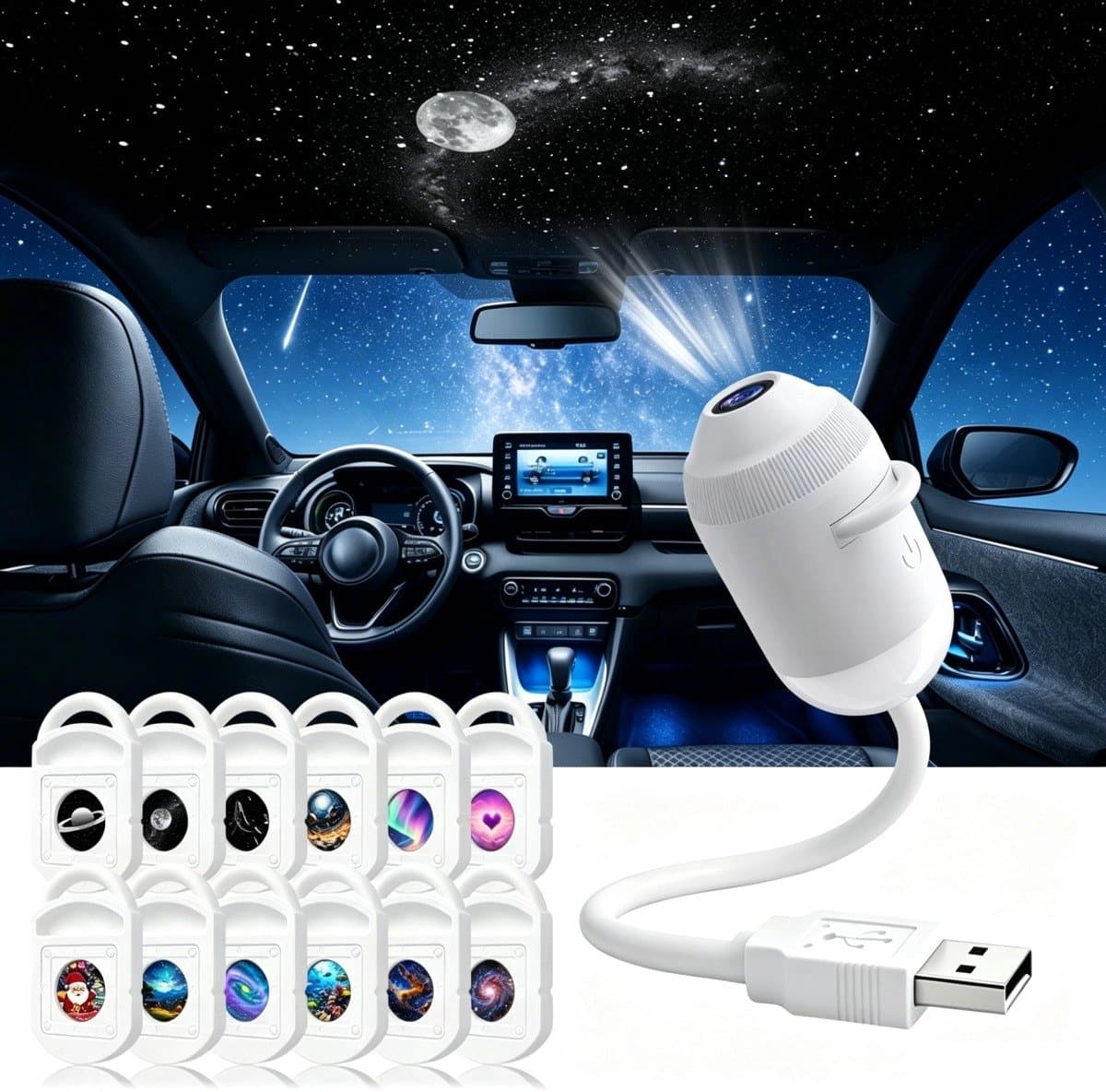2-in-1 Projector - Sterrenprojector & Nachtlampje - met 12 Verwisselbare Films - HD - flexibele zwanenhals (360° draaibaar) - Plug-and-play - USB Aangedreven - draagbaar - Galaxy Lamp - voor slaapkamers, kinderkamers en gebruik in de auto