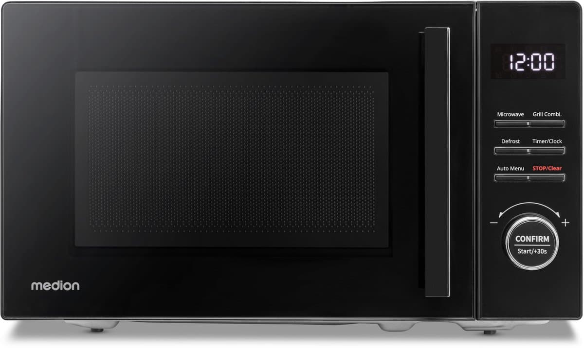 MEDION Magnetron met grill (20 L, 800 W magnetron, 1000 W grill, 9 automatische programma’s incl. ontdooien, 5 standen, 95 min timer, draaiplateau, MD12021), zwart