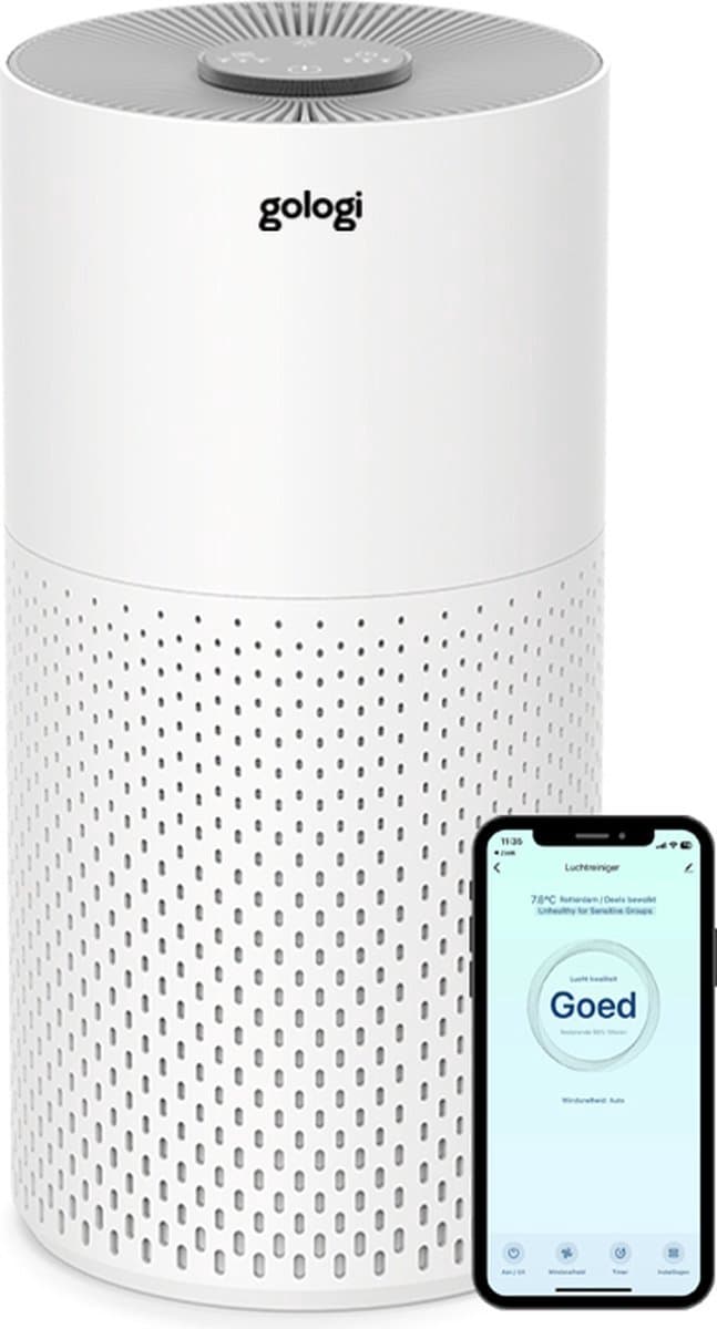 Gologi Luchtreiniger - Air Purifier Tegen Huisstofmijt, Hooikoorts, Allergieën en Stof - Vervangbaar HEPA 13 filter en Koolstoffilter - 210m³/h - Met App - Wit