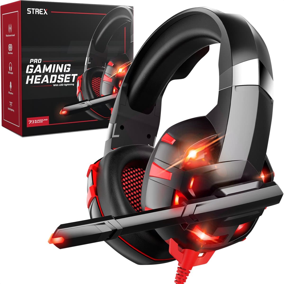 Strex Gaming Headset Met Microfoon - Geschikt Voor PC / PS4 / PS5 / Xbox / Switch - Game Koptelefoon Met Draad - Rood
