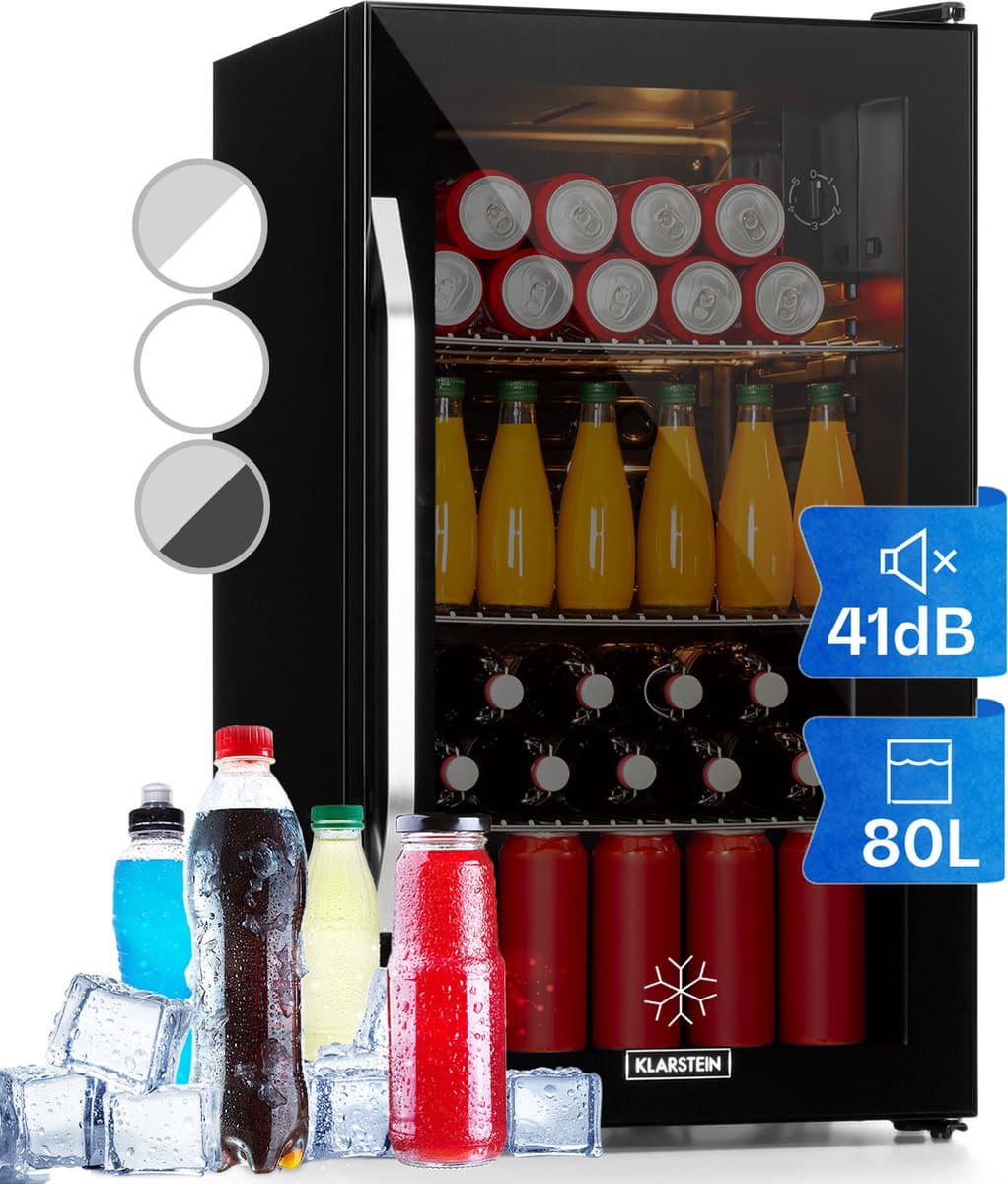 Klarstein Drankkoeler minikoelkast met glazen deur, minikoelkast voor op de kamer, kleine met verstelbare schappen, kleine koelkast van 80 liter, stille koelkast voor binnen en buiten - Drankkoelkast - Touch - Zwart - Drankenkoeler