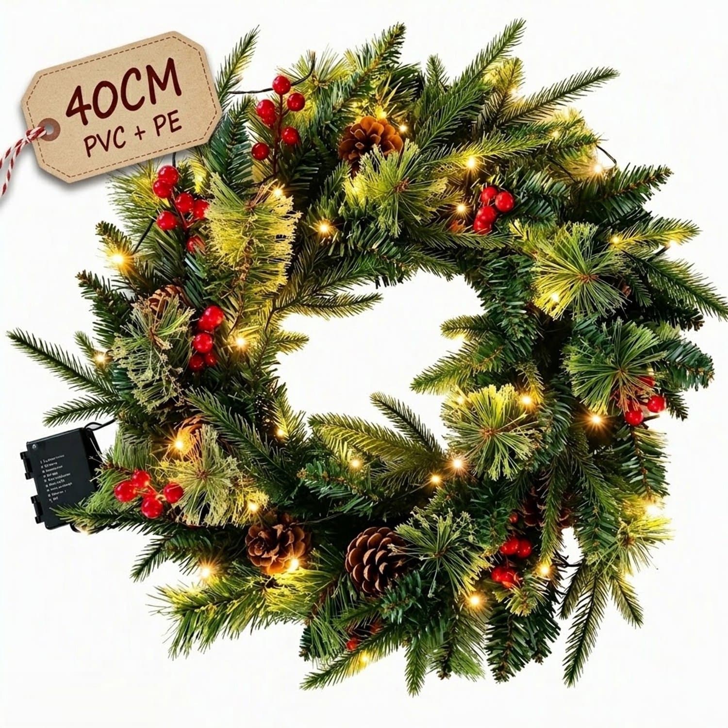 Premium Kerstkrans 40 cm met LED Verlichting – Kunstkerstkrans met Rode Bessen en Dennenappels – Kerstdecoratie voor Deur, Raam en Muur – 8 Lichtstanden
