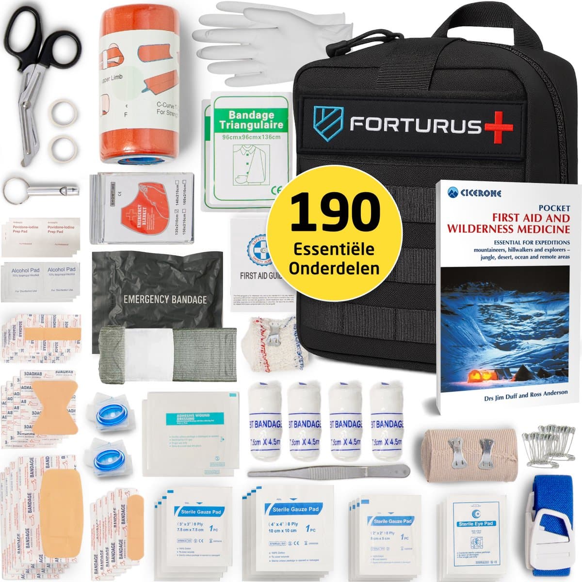 Forturus® Trauma EHBO Kit 190-delig– Complete EHBO Set & First Aid Verbanddoos met First Aid Guide (Pocket First Aid and Wilderness Medicine), Tourniquet, CPR-masker, Spalk & Noodverband voor Auto, Thuis & Outdoor