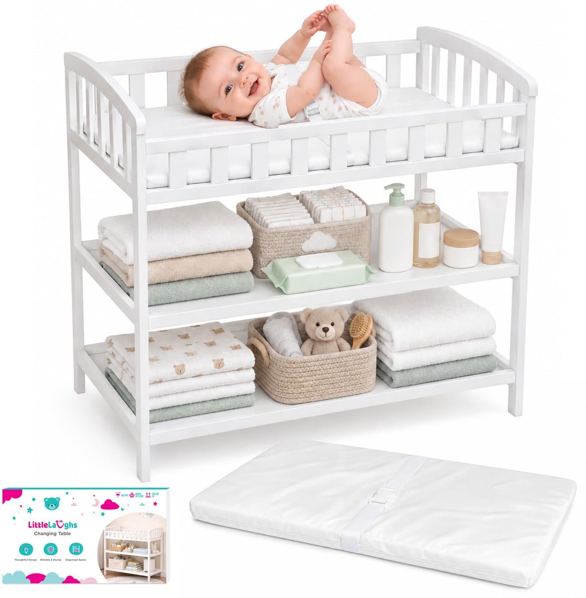 LittleLaughs Babyverschoontafel met Aankleedkussen & Veiligheidsgordel - Verschoontafel Baby - 92x48x93 cm - Babyverschoontafel met Ladekast - Luiertafel - Luierverschoontafel - Kleine Baby Commode - Babyverschoonstation - Changing Table