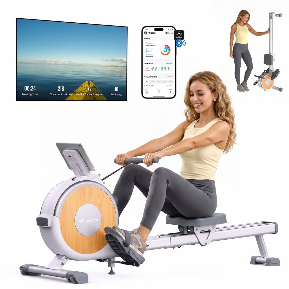 MERACH Roeimachine voor thuis - Stille magnetische roeitrainer- Exclusieve app - 16 weerstandsniveaus - Verbeterde dubbele glijrails - Bluetooth-display & tablet-houder - Verticale opslag - Gemakkelijk te monteren - Belastbaar tot 158 kg