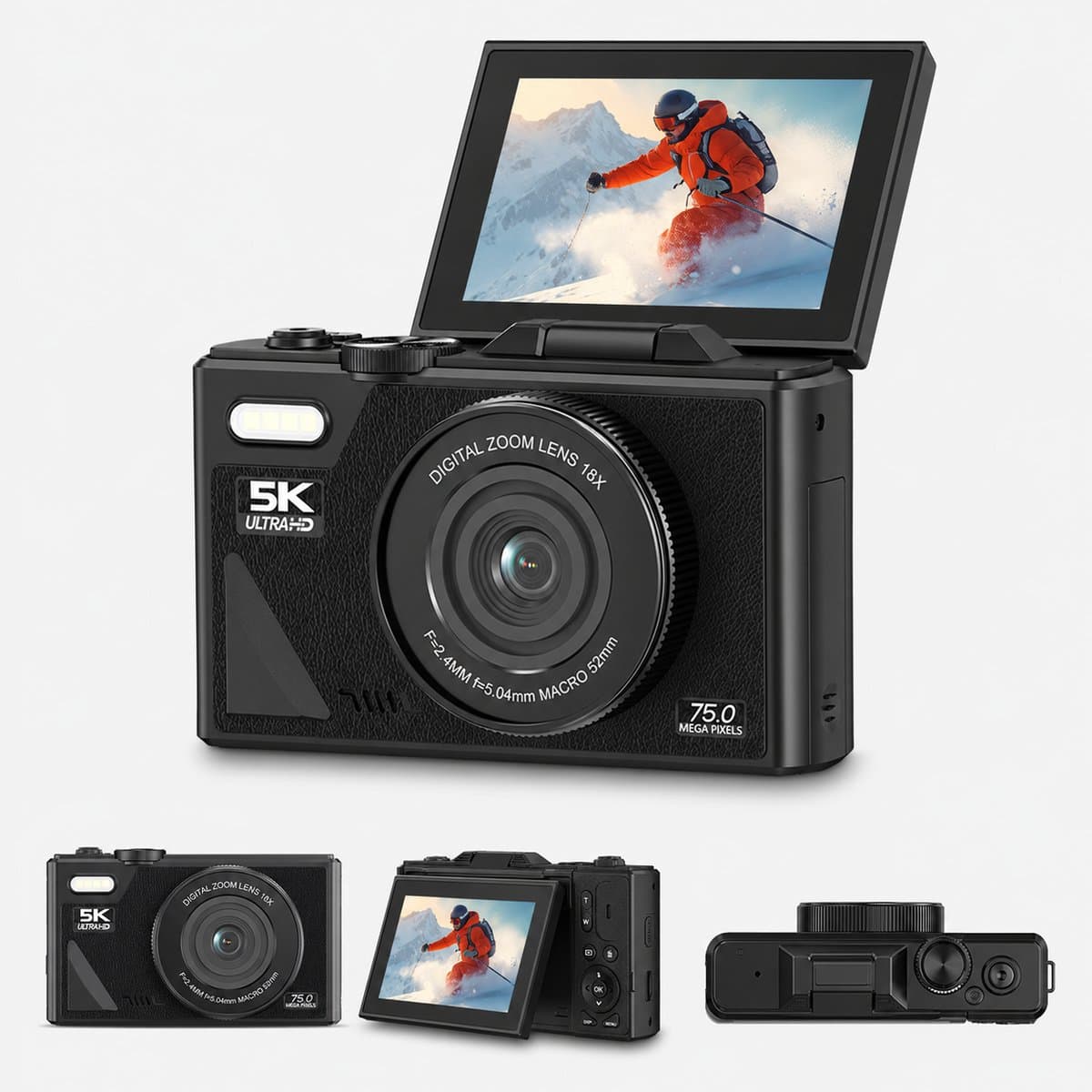 K&L - 5K 75MP - 18X Zoom - 64GB SD - WiFi - 3.0" UHD-display - mic-poort - Fotocamera - Compact Camera - Vlog Camera