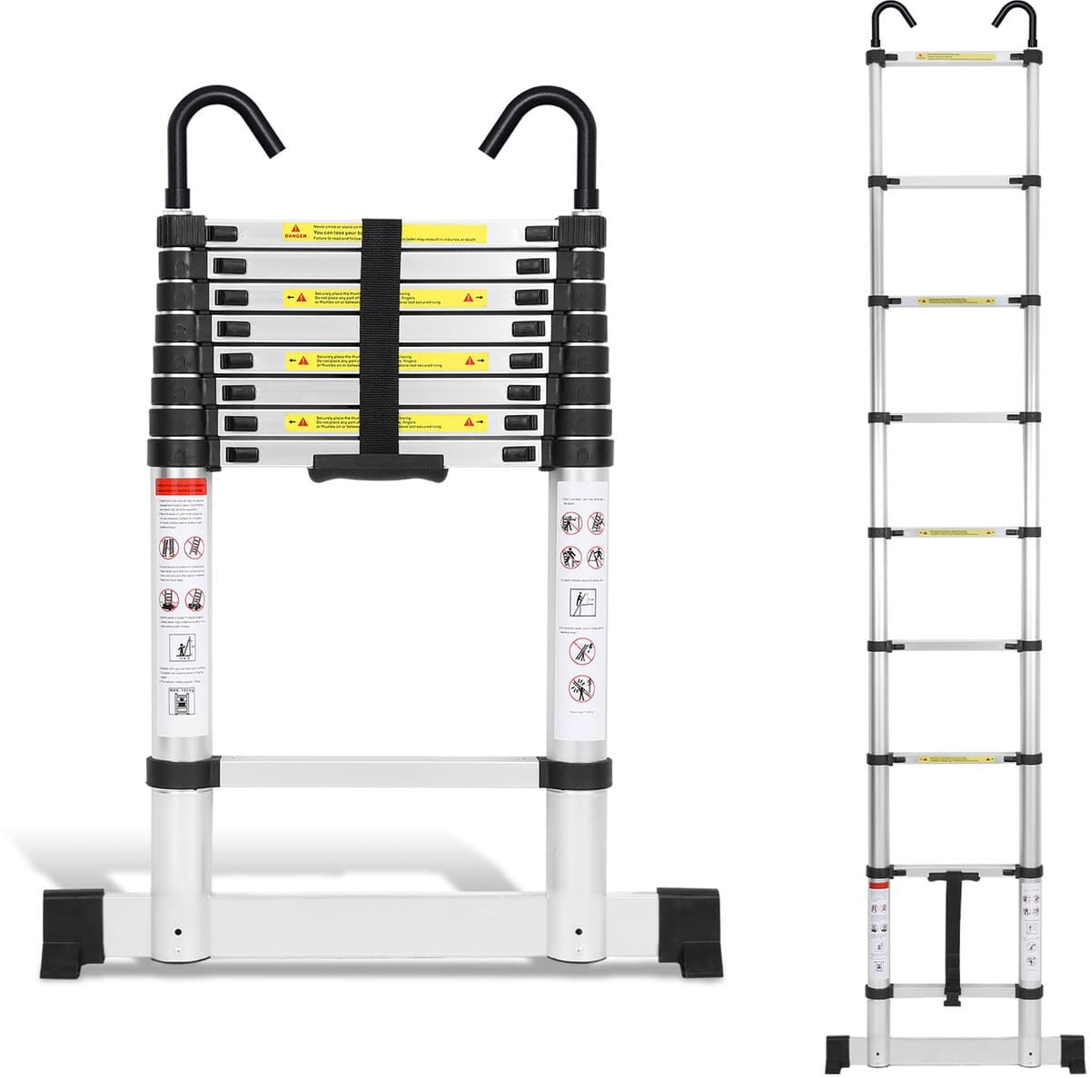 Telescopische Vouwladder - Telescopische Ladders - Werkhoogte 2,6M Zilver - zilverachtig - lichte uittrekbare ladder - met Barre d'équilibre en haken
