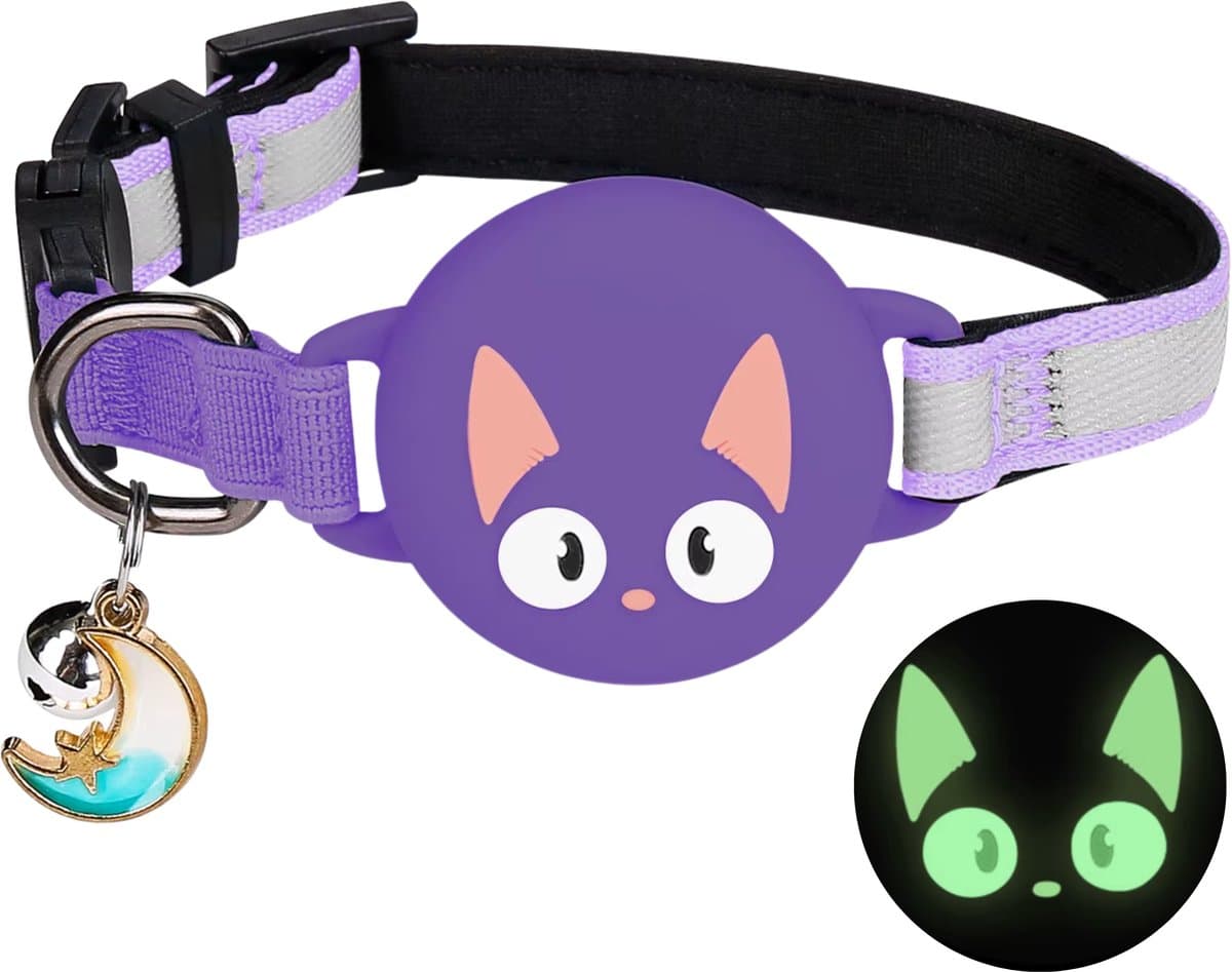 Pets n Paws Kattenhalsband Tag Houder - Verstelbare Halsband Kat - Met belletje - Glow in the Dark - Reflecterend - Geschikt voor AirTag - Kat GPS Tracker Houder - Kitten / Hond - Kattenbandje - Cat Collar - Kattenriem - Paars