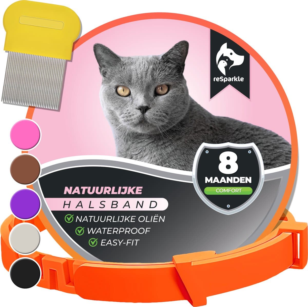 reSparkle Halsband Kat - Natuurlijk - Inclusief Vlooienkam - Oranje