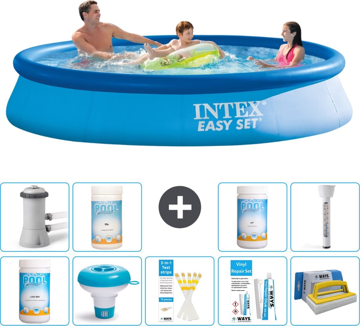 Intex Rond Opblaasbaar Easy Set Zwembad - 366 x 76 cm - Blauw - Inclusief Pomp Chloor - Chloordrijver - Testrips - Reparatiesetje - Scrubborstel - PH-waarde - PH-waarde - Thermometer