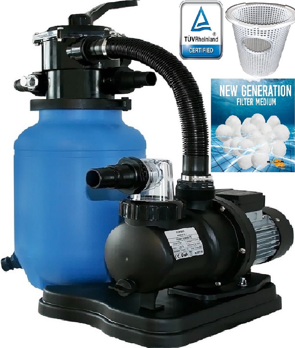 Sunmax Filter systeem zandfilterpomp 7500 l/uur zwembad pomp met filter mandje + Filterbollen (extra filtratie) en VIDEOHandleiding | voor Zand Glas Filterbollen. Zwembadpomp elk zwembad | 32mm en 38mm slangen