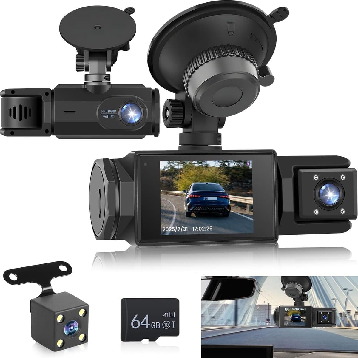 WiFi Dashcam voor Auto – 3-kanaals Draadloze Dashcam met App, Voor Binnenin Achter Camera, Full HD 1080P, 2” IPS-scherm, Nachtzicht, Bewegingsdetectie, Loopopname, 64GB-kaart Inbegrepen