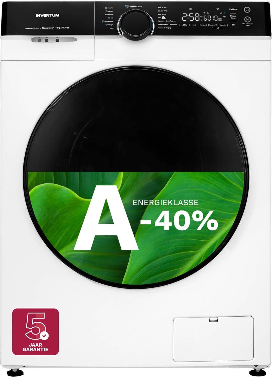 Inventum VWM9010W wasmachine 9 kg 1400 toeren energieklasse A-40% SteamClean stil functie wit zwart