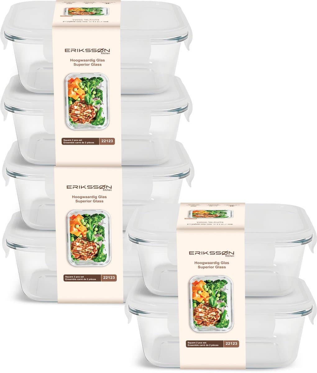 Erikssøn Kitchen Meal Prep Bakjes Set - Geschikt Voor Oven & Magnetron Glazen - Vershoudbakjes - 6 Stuks 1040 ml - BPA Vrij - Luchtdicht - Vershouddoos - Diepvriesbakjes - Met Deksel