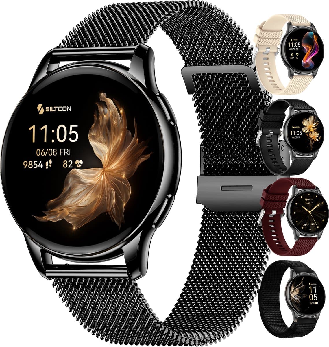 Siltcon® Auréa Smartwatch Dames & Heren - Horloge Dames - Stappenteller Horloge Dames - Hartslagmeter - Slaapmonitor - Saturatiemeter - Geschikt voor iOS/Android - AMOLED - RVS - Elke pols - Incl. 5 Bandjes