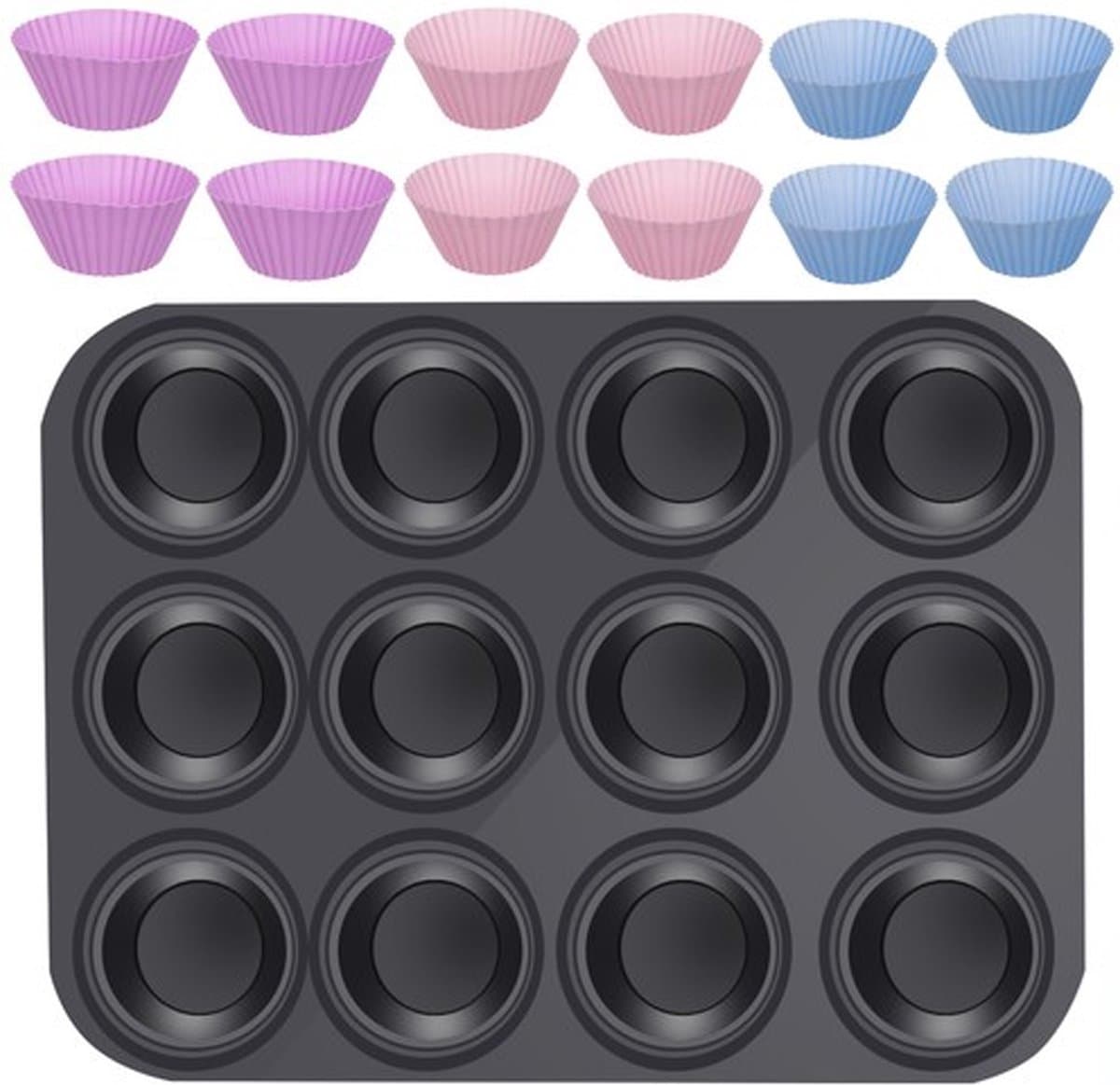 Bakplaat & Muffinvormen - Teflon Plaat - 12 Siliconen Cupcake Vormen - Herbruikbaar - Anti Aanbak laag - Rheme