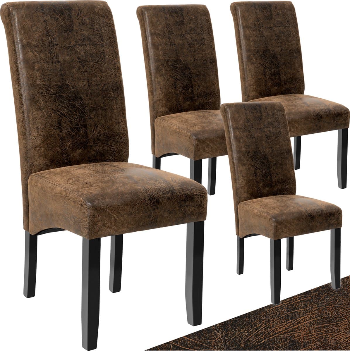 tectake® Eetkamerstoel - Comfortabele kunstleren stoel met hoge rugleuning - Keukenstoel voor keukentafel - Gestoffeerde keukenstoel - Diverse kleuren en sets - Maximale belasting 120 kg - Afmeting (LxBxH) 44 x 63 x 106 cm - Set van 4 - Antiek bruin