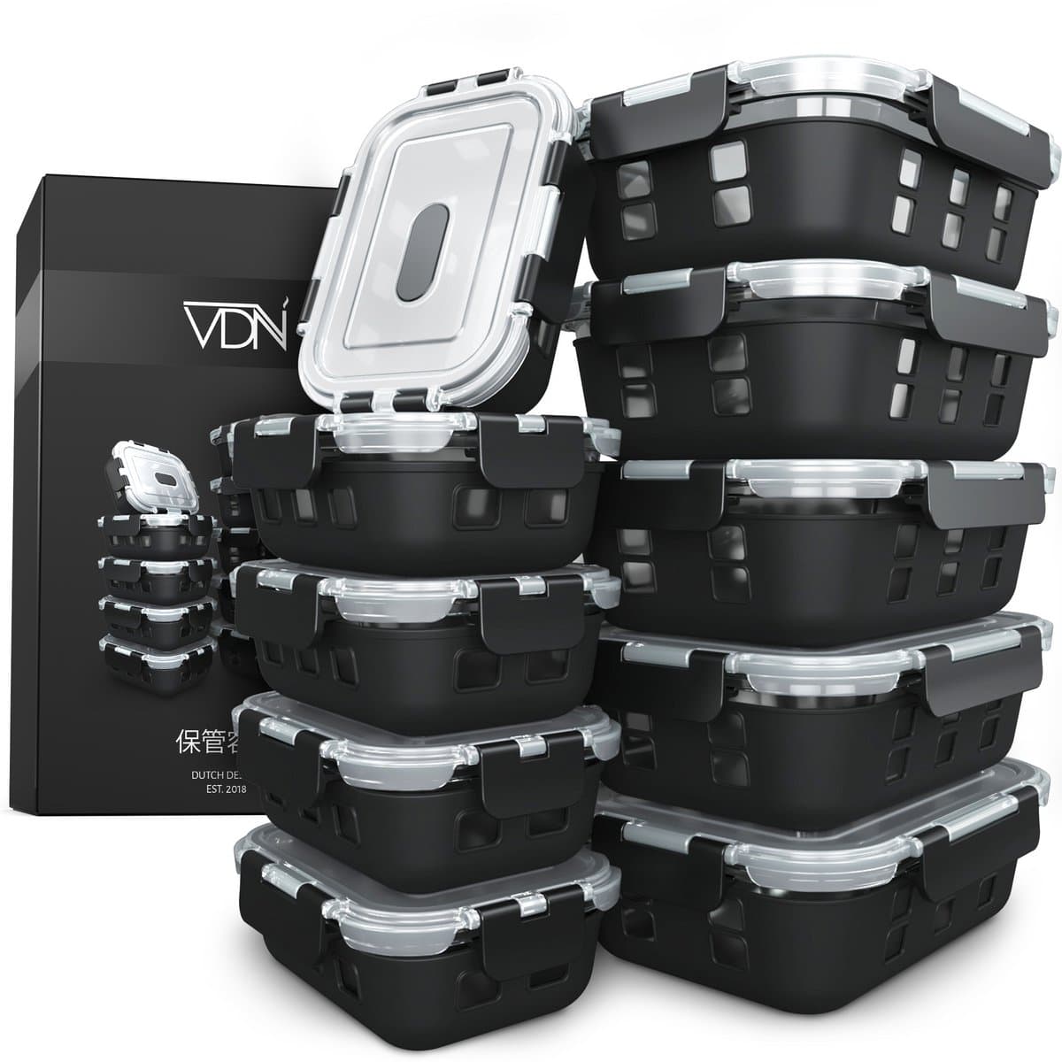 VDN Glazen Meal Prep Bakjes met Silicone Sleeve – 10 Delige Set Vershoudbakjes van Borosilicaatglas – Luchtdicht & BPA Vrij – Magnetron met Ventiel, Oven, Vriezer & Vaatwasser Bestendig – 5x1040ML & 5x370ML
