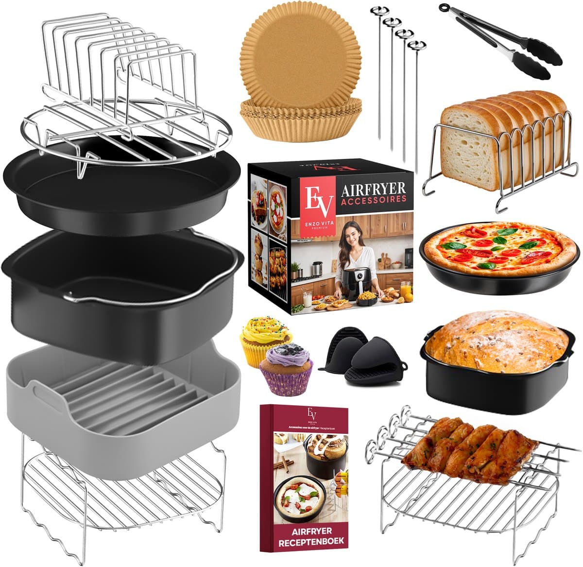 EnzoVita® Premium Airfryer Accessoires set - Meest Complete set - XL - Heteluchtfriteuse - Airfryer Accesoires set - Geschikt voor Airfryer XL en XXL - Inclusief Airfryer Siliconen Bakje & Nederlands Receptenboekje - Bakpapier