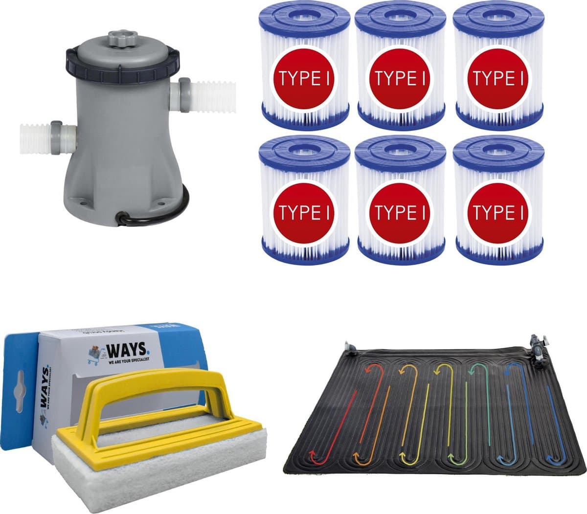 WAYS - Zwembad Onderhoud - Solarmat & Filterpomp 1249 L/h & 6 Filters Type I & WAYS Scrubborstel