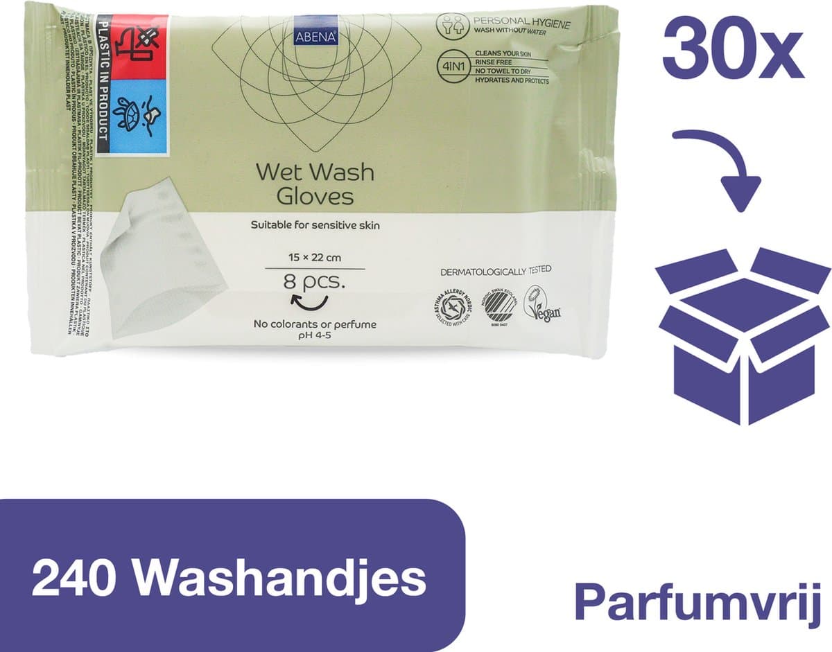 Abena Vochtige Washandjes Wegwerp - Parfumvrij - 240 Washandjes - Voordeelverpakking 30 x 8 washandjes - Wassen en opfrissen zonder water en zeep - Droogt Snel, geen Handdoek Nodig - Opwarmbaar in de Magnetron - Perfect voor Thuis en Onderweg