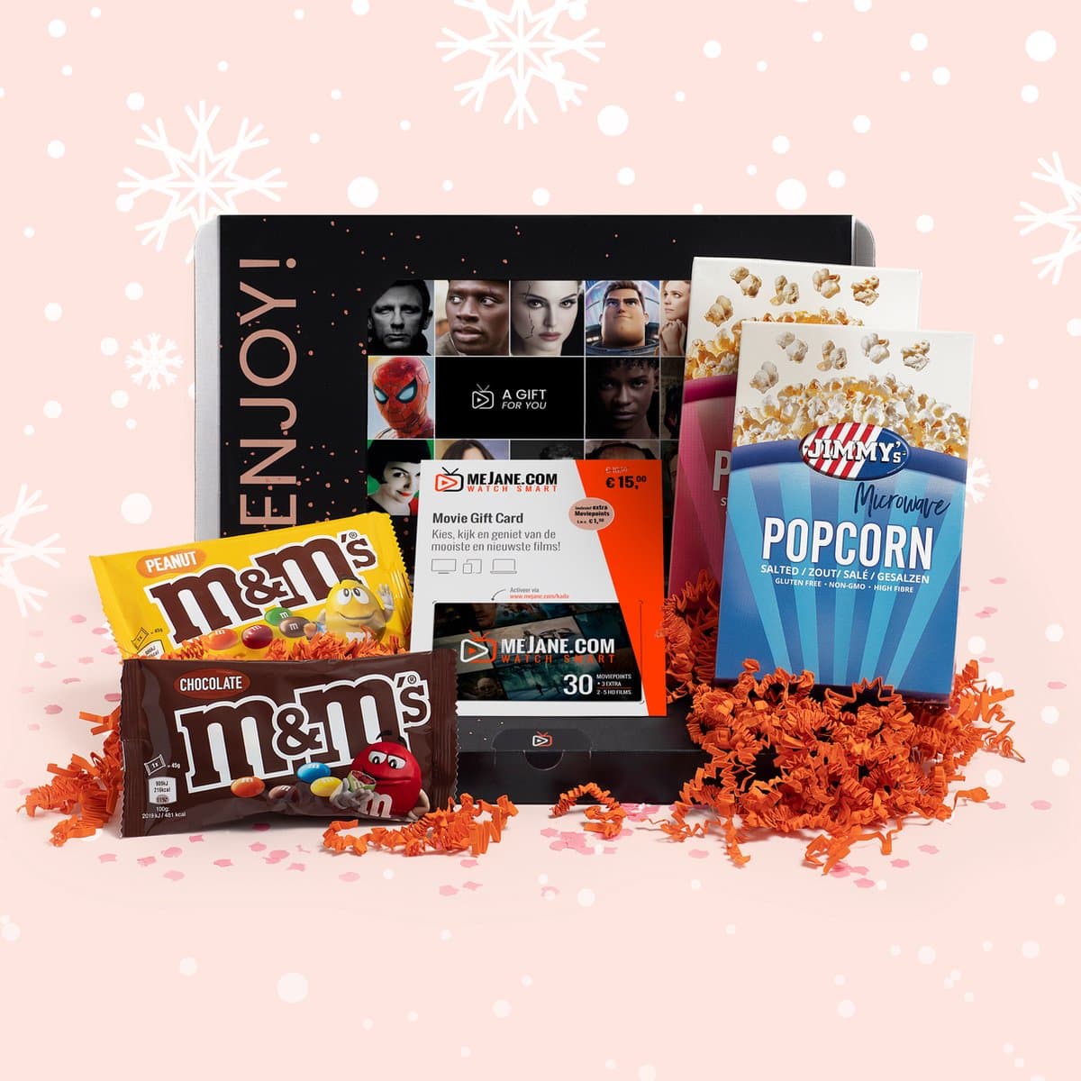 Filmpakket - mooie filmbox met persoonlijk bericht, Jimmy's popcorn, M&Ms en filmtegoed voor 3-5 topfilms - Relatiegeschenk - Thuis bioscoop filmbox - Kerstpakket