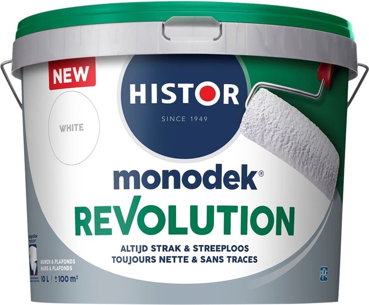 Histor Monodek Revolution – Muurverf Binnen Mat – Altijd Strak & Streeploos – Optimale Dekking – Afwasbaar – Geurarm – Voor Binnen – Wit – 10L
