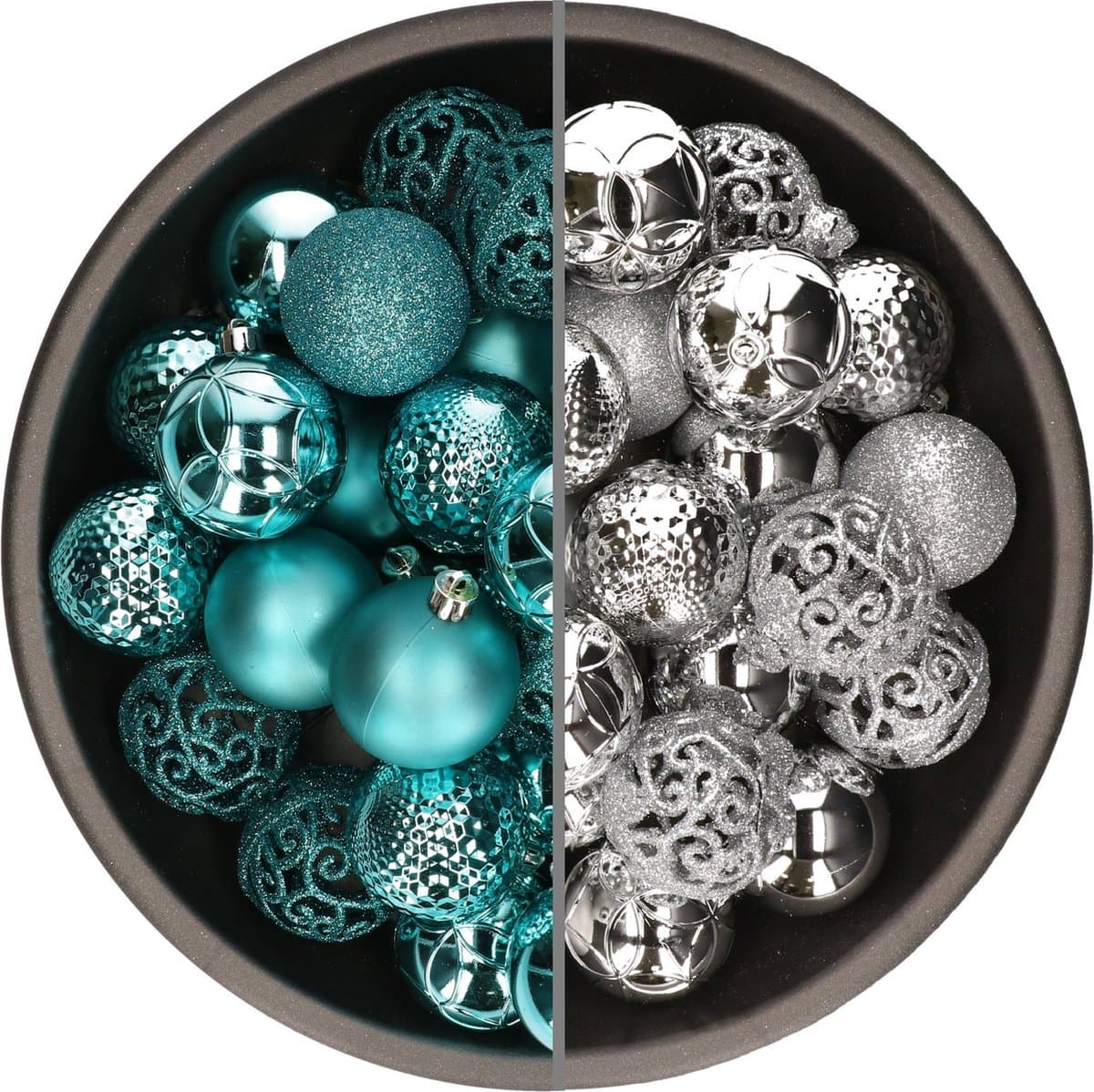 Bellatio Decorations Kerstballen Mix - 74x kunststof 6 cm - Turquoise blauw - Zilver - Matte en glitter - Diverse patronen