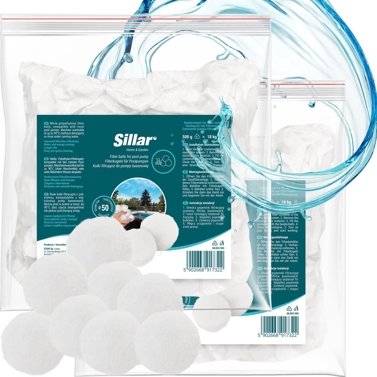 Sillar, Filterballen voor zandfilterpomp, zwembad, herbruikbaar, filterbollen geschikt voor zwembad pomp, 50mm, 1000g, set 2x 500g, wit