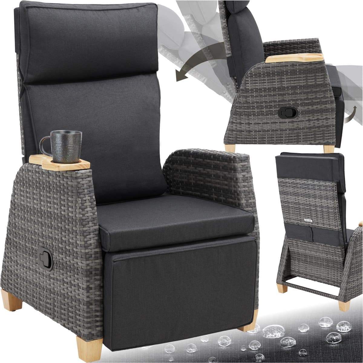 tectake® Wicker Buitenfauteuil - Tuinstoel met Hoge Rugleuning - Met Voetsteun en Verstelbare Rugleuning - Relaxstoel met Ligfunctie - Loungestoel voor Tuin - Ligstoel - Leesstoel - Incl. Ruimte voor Beker/Glas
