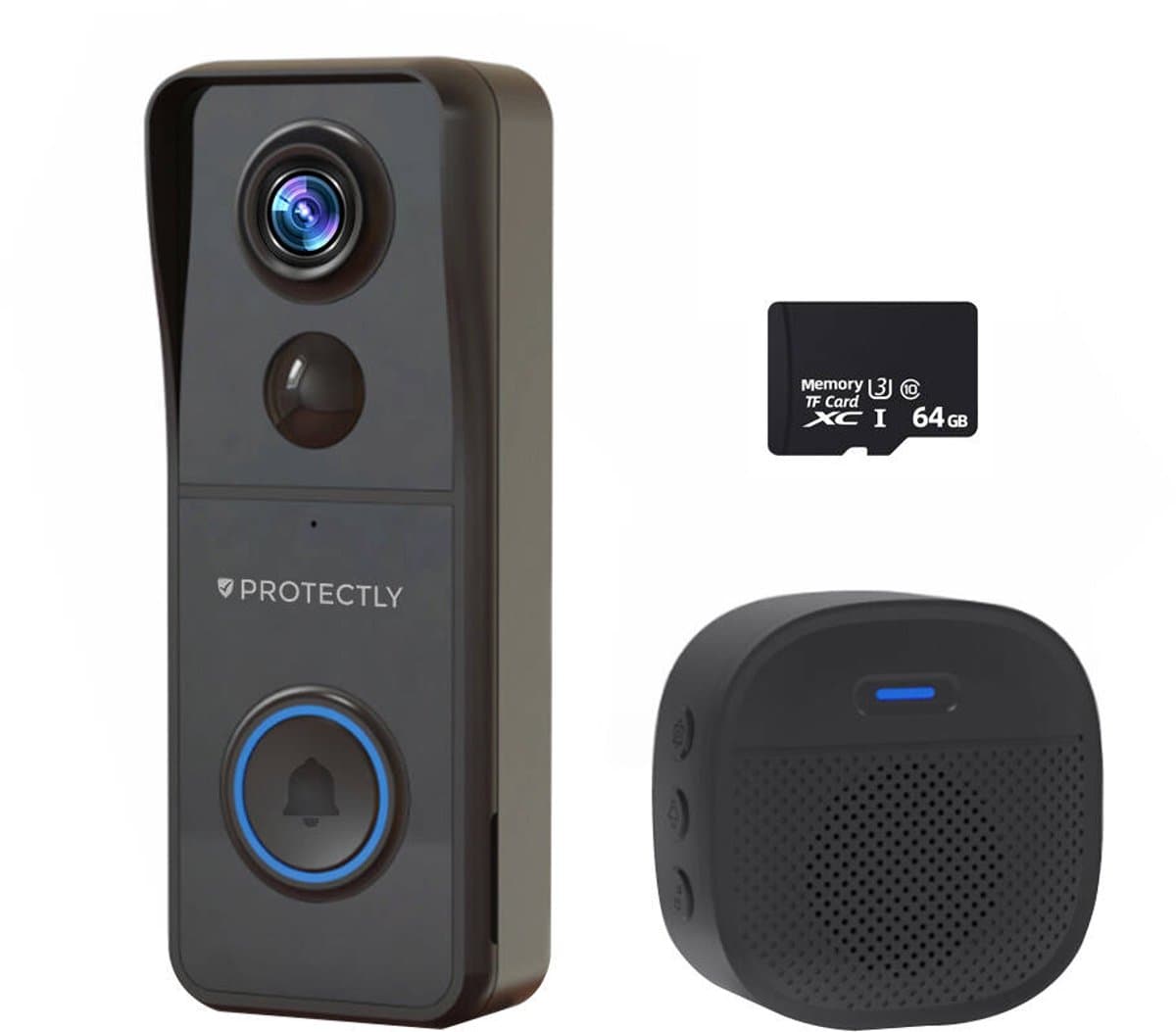 Protectly® 4K Ultra HD Slimme Draadloze Video Deurbel Met Camera - Geen abonnement - Deurbellen Met Camera - Deurbel Draadloos WiFi - Waterdicht - Incl. Gong (T-ring geluid) - Incl. 64GB SD