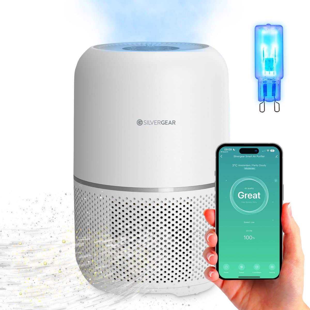 Luchtreiniger Pro met App en Vervangbare HEPA 13 Filter en UV-Lamp - Air Purifier - 165m3/u - Air Cleaner - 4 Standen - Koolstoffilter - Tegen Hooikoorts, Huisstofmijt, Allergie, Stof, Geur, Rook - Wit - Silvergear