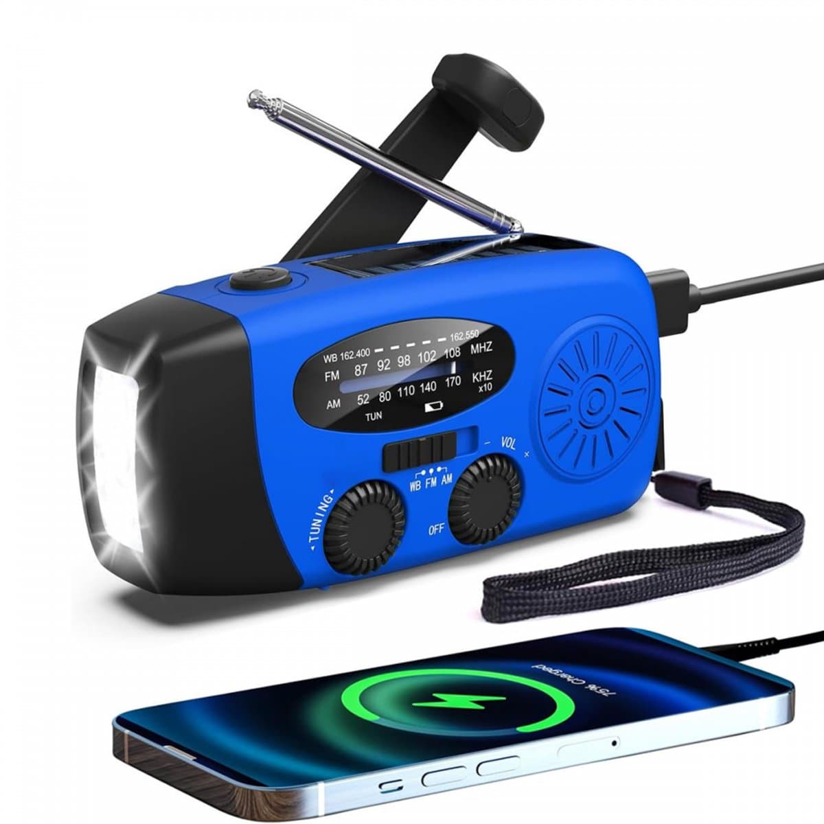 FM/AM/WB - Solar - Zaklamp - Powerbank- mini-noodoverlevingsradio op zonne - Noodradio Op Batterijen -energie - met 3 LED's Superheldere zaklamp 2000mAh batterij - aangedreven powerbank Smartphone-oplader - blauw