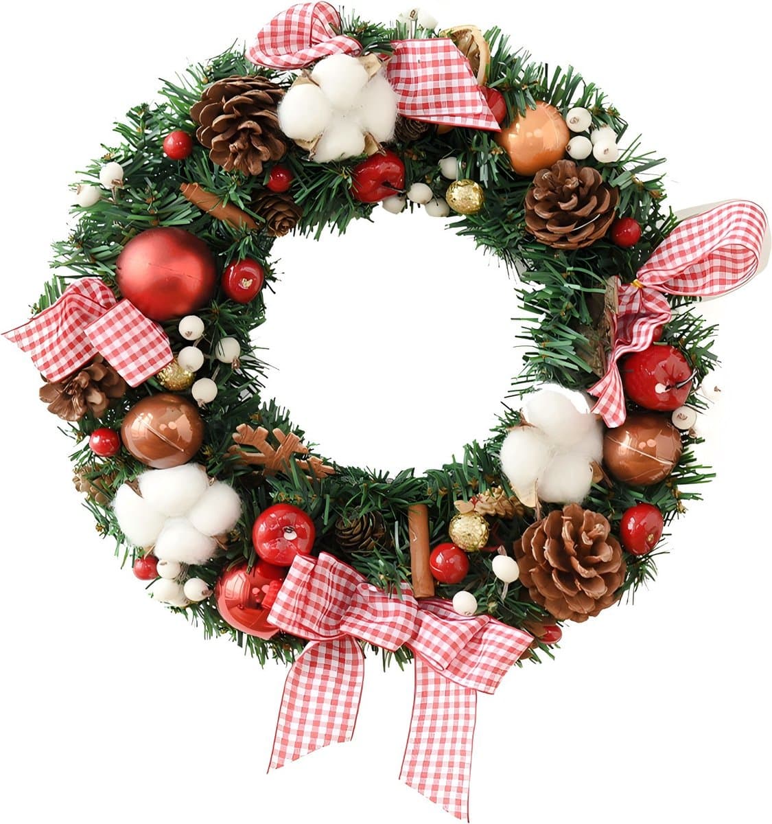 Kerstkrans- met Decoraties (35cm) - Groen -Kerstballen enn katoen -vlinderdas -dennenbladeren- deurkransen kerstversiering- Kerstdecoratie - Kerstmis