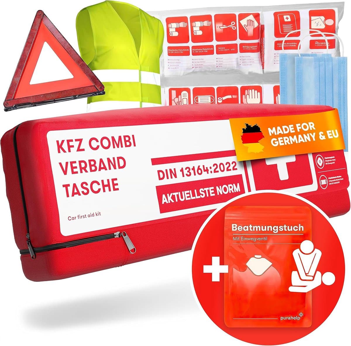 PURAHELP autocombinatietas volgens de huidige norm 2025 DIN 13164 - inclusief gevarendriehoek, veiligheidsvesten / signalisatievest voor volwassenen - EHBO-kofferset met gevarendriehoekset EHBO-kofferset auto 2025