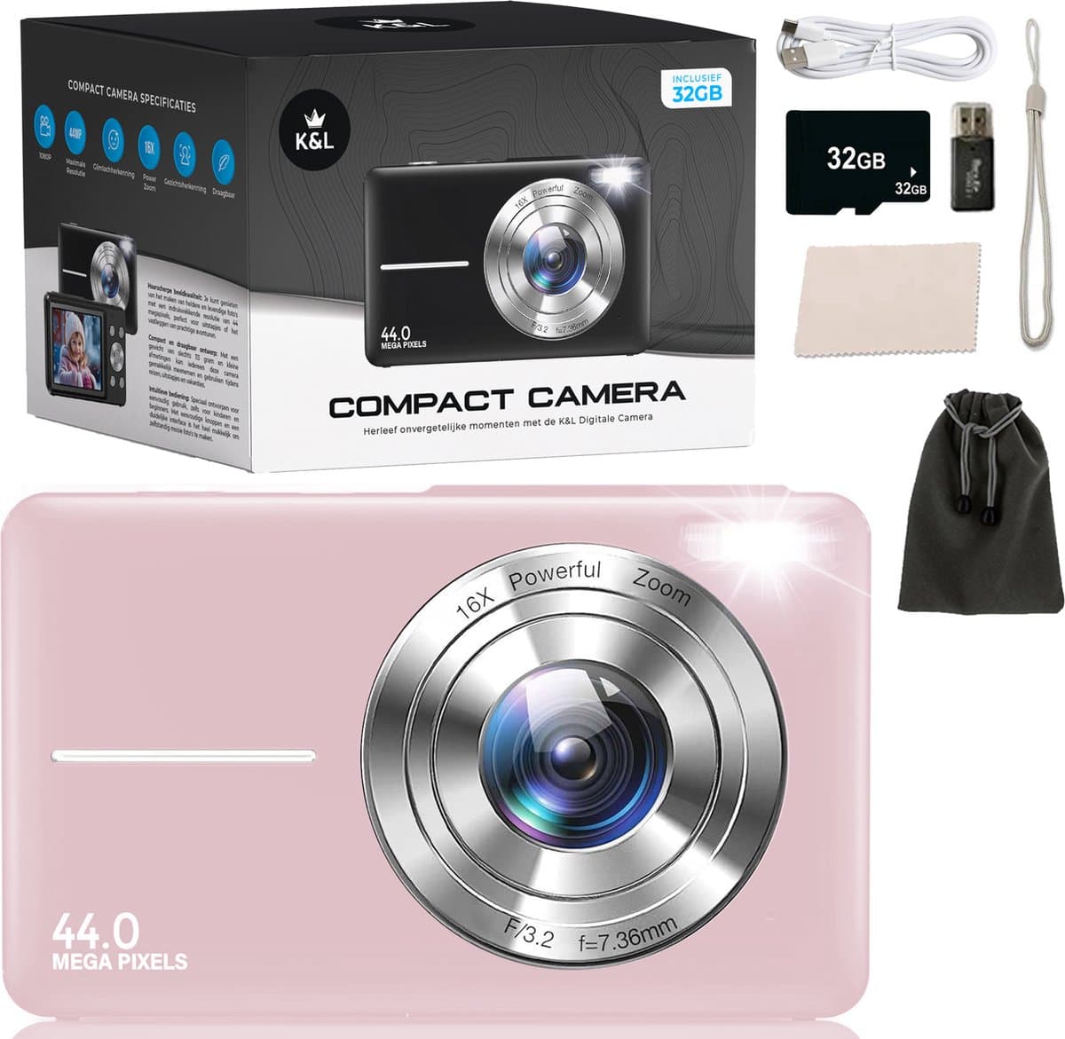 K&L Digitale Camera - Fototoestel - Fotocamera - Compact Camera - Vlog Camera - Voor Kinderen - Inclusief 32GB - Roze