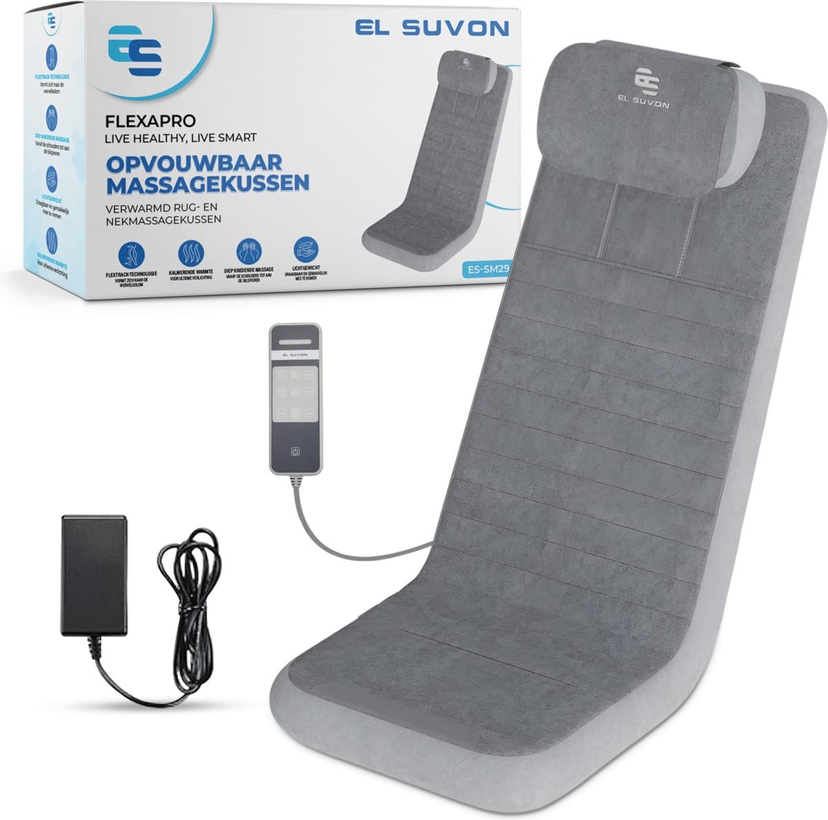 El Suvon - Shiatsu Massagestoel - Shiatsu Massagekussen - Rug- en Nekmassage - Met Verwarming - Grijs