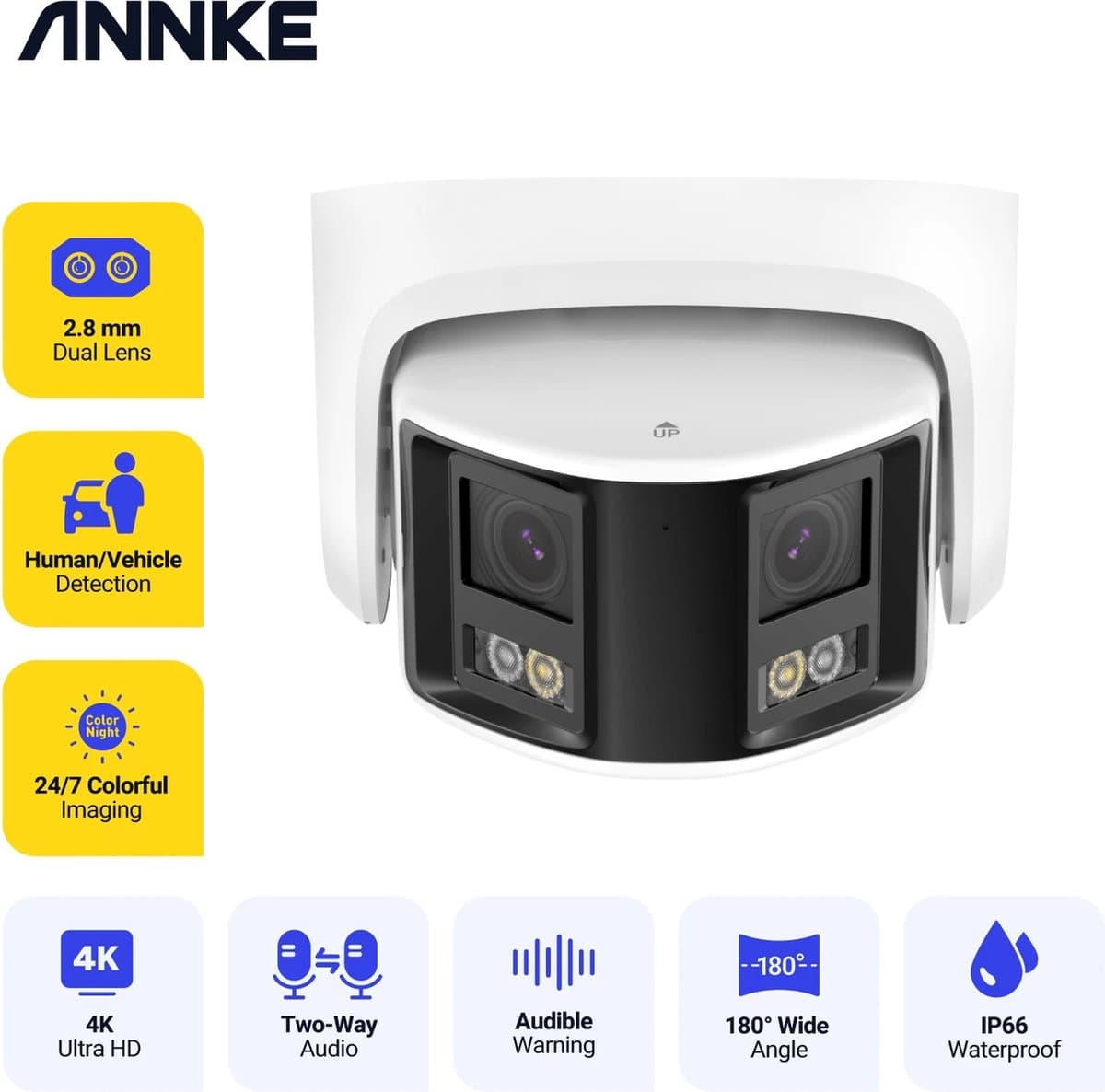 Beveiligingscamera - Beveiligingscamera's voor binnen - Security - Beveiliging - 1 Camera - Bewakingscamera voor buiten - Outdoor - IP camera - 4K - 180 graden - 8MP - Dual lens - Wit