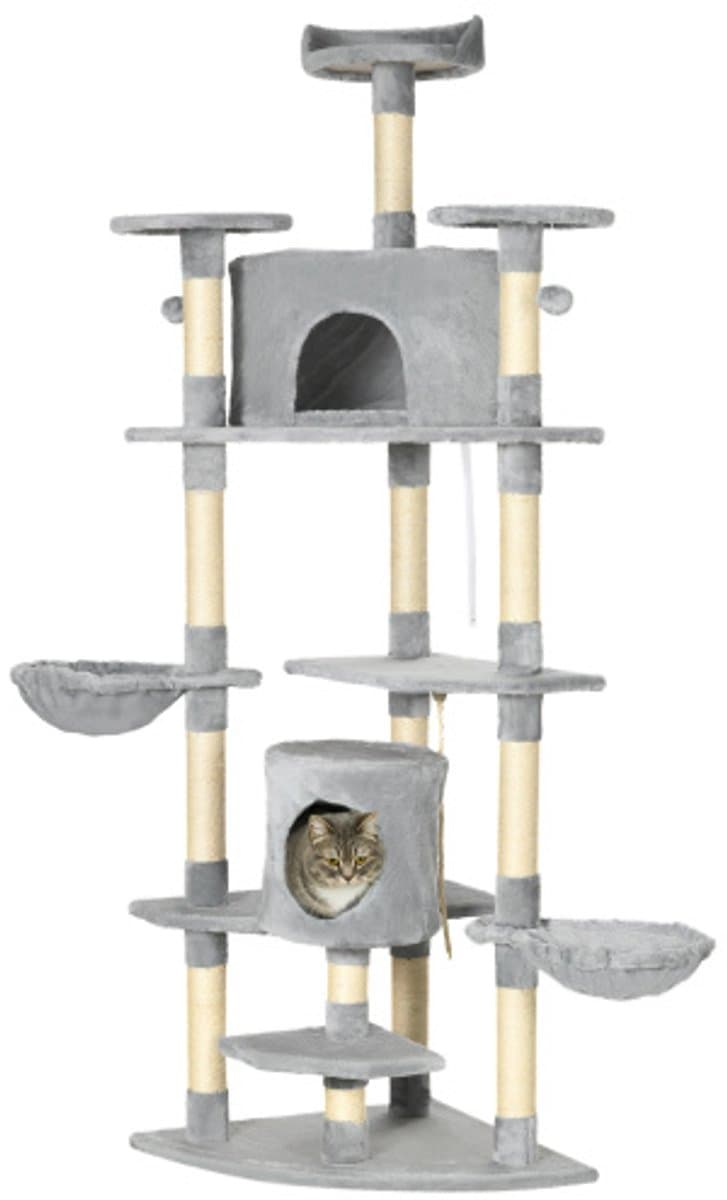 Krabpaal Groot 200 cm - XXL Kattenboom met Kattenholen & Hangmatten - Stabiel voor Grote Katten - Lichtgrijs - Tot 10 kg