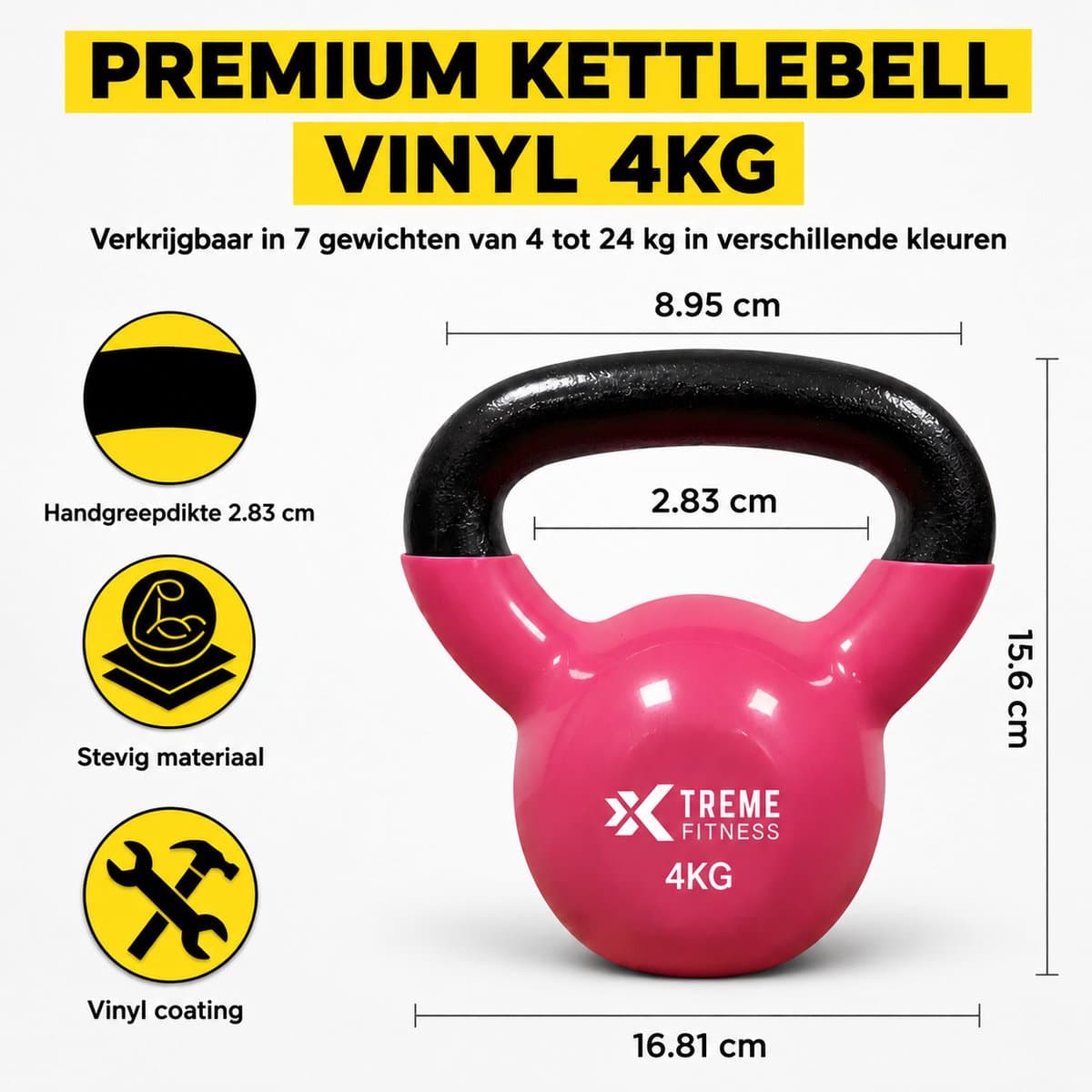 Xtreme Fitness Kettlebell Vinyl 4kg - Vinyl Kettlebell voor Krachttraining - Ergonomische & Brede Handgreep - Gewichten - Geschikt voor CrossFit & Fitness - Conditietraining - Fitness gewichten