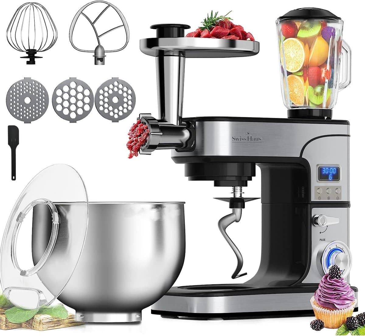Swiss Haus® KM2206BG Keukenmachine 1300W – 6L RVS Mengkom – Keukenrobot met Timer & LED Display – Foodprocessor met Blender 1.5L & Vleesmolen – 6 Snelheden + Pulse – RVS